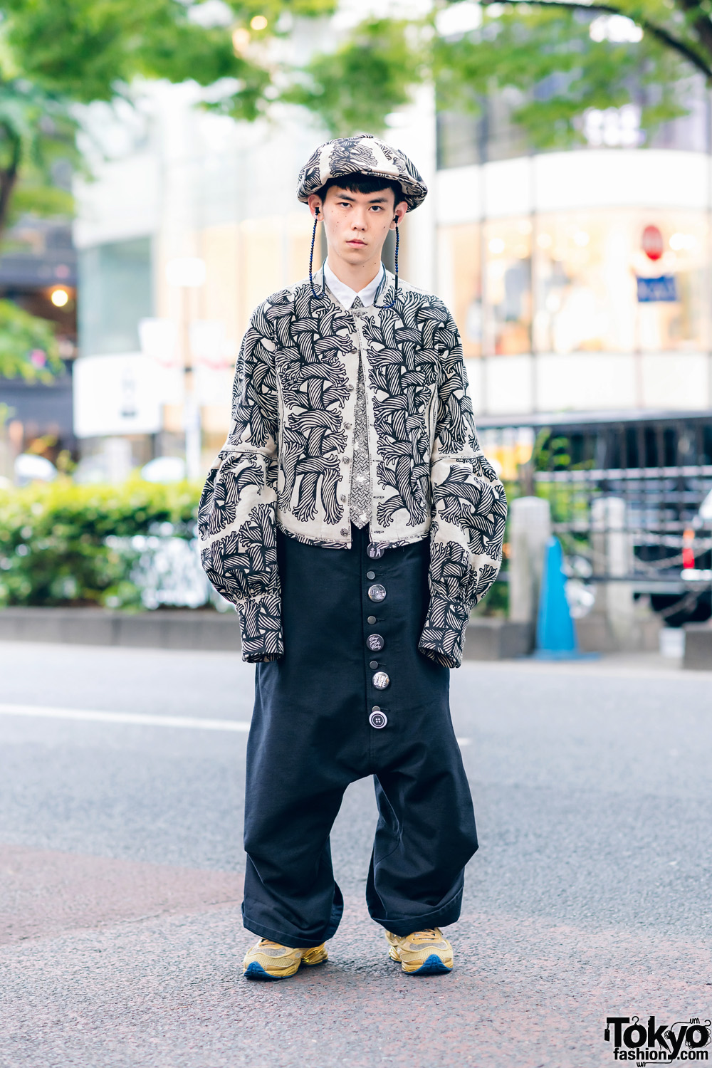 Christopher Nemeth Rope Print Harajuku Street Style w/ Newsboy Cap,  Collarless Jacket, Sarueru Overalls & Adidas x Raf Simons Sneakers – Tokyo  Fashion