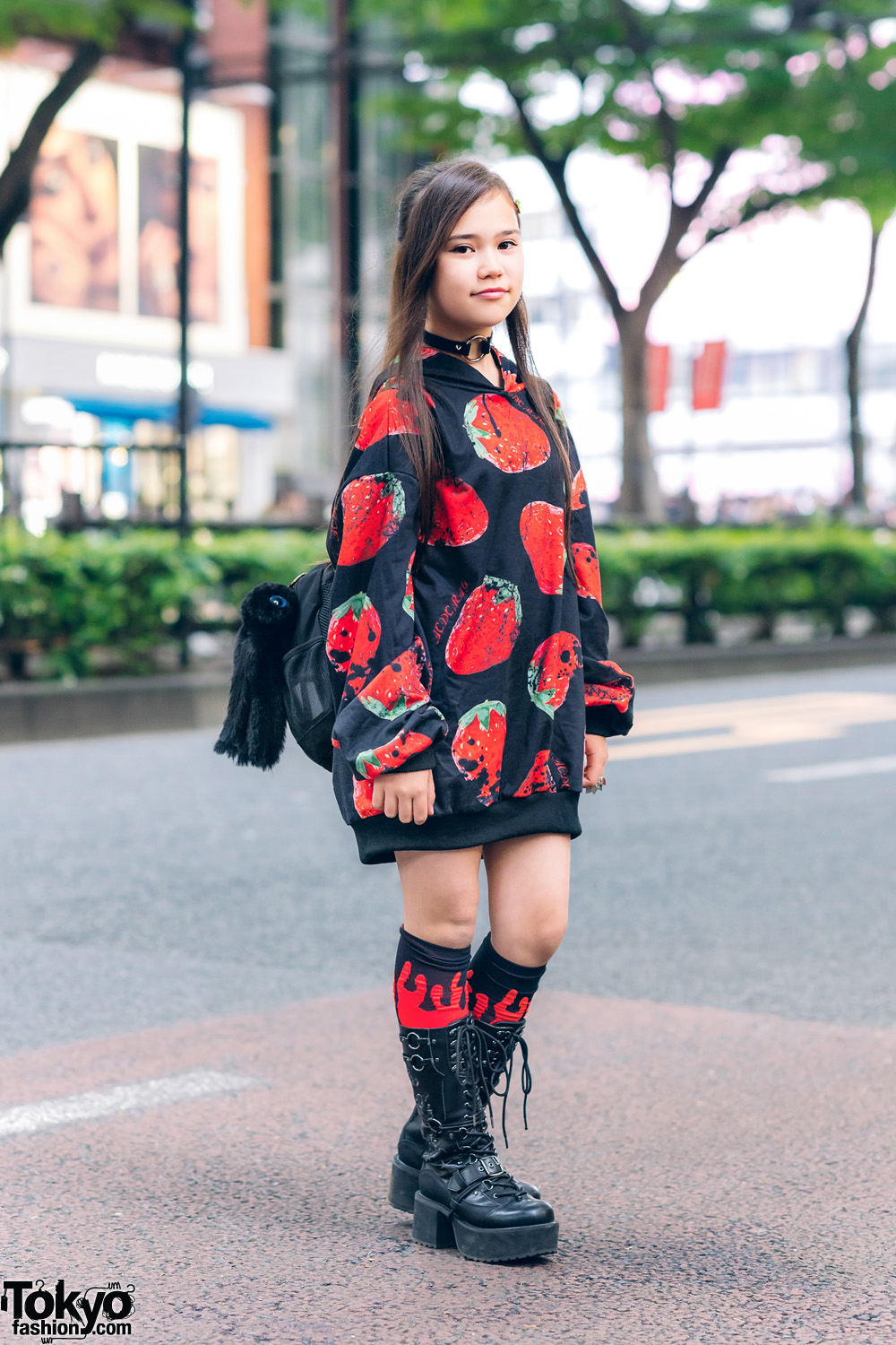Strawberry Print Hoodie & Tall Boots Harajuku Street Style w/ ACDC Rag, Village Vanguard, Yosuke & AnkoRock