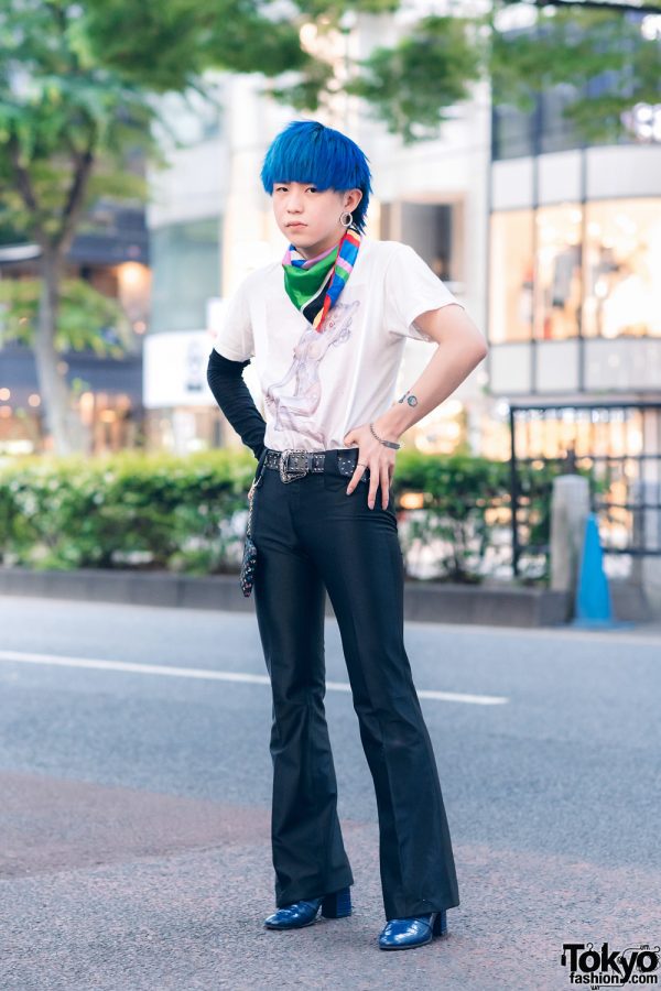 Japanese Menswear Style w/ Blue Hair, Hajime Sorayama x Kawi Jamele T-Shirt, Focus Flared Pants, Louis Vuitton & Bershka