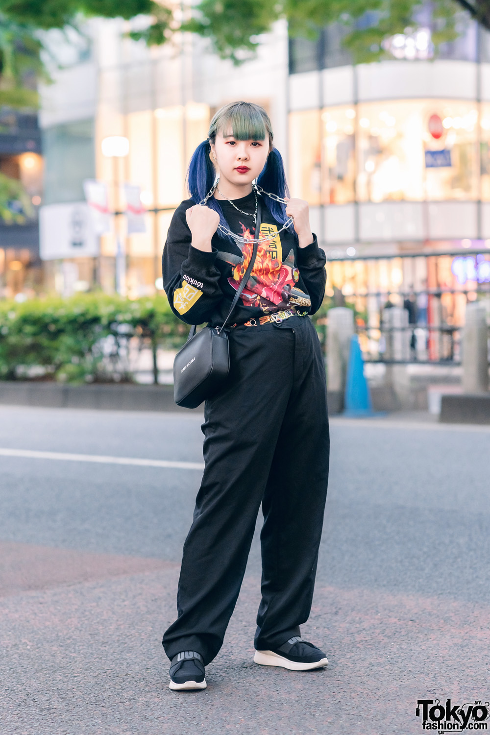 Harajuku Streetwear w/ Blue Twin Tails, Cross Necklace, (ME) Harajuku, 24Karats Sweater, Balenciaga Sling & Ugg Sneakers