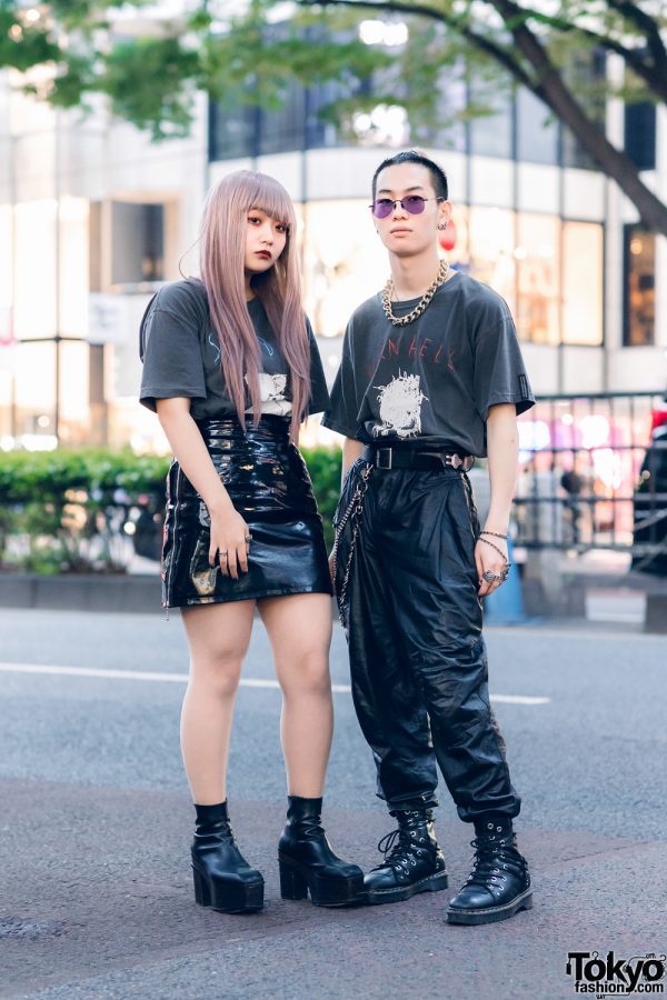 All Black Harajuku Duo Street Styles w/ Ombre Pink Hair, AZS Tokyo Graphic Print Shirts, Pleather Skirt & Pants, Nacht, Emoda Platforms & Dr. Martens Boots