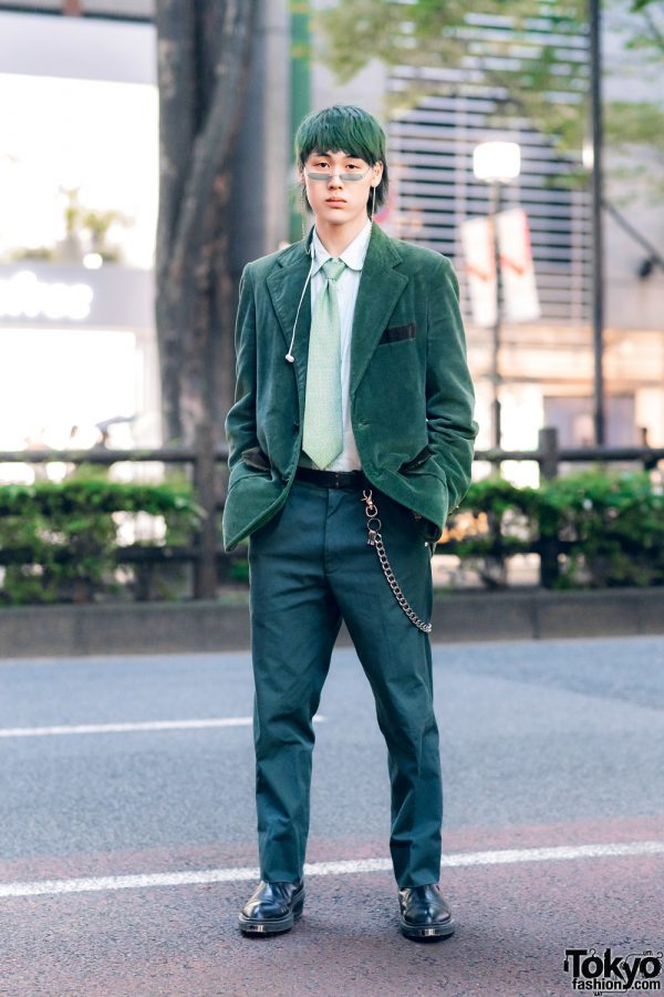 All Green Menswear Street Fashion in Harajuku w/ Ombre Green Hair, Sears Corduroy Blazer, Allege Mint Shirt, Polka Dot Necktie, TTT_MSW Pants, San To Nibun No Ichi & Eytys Boots