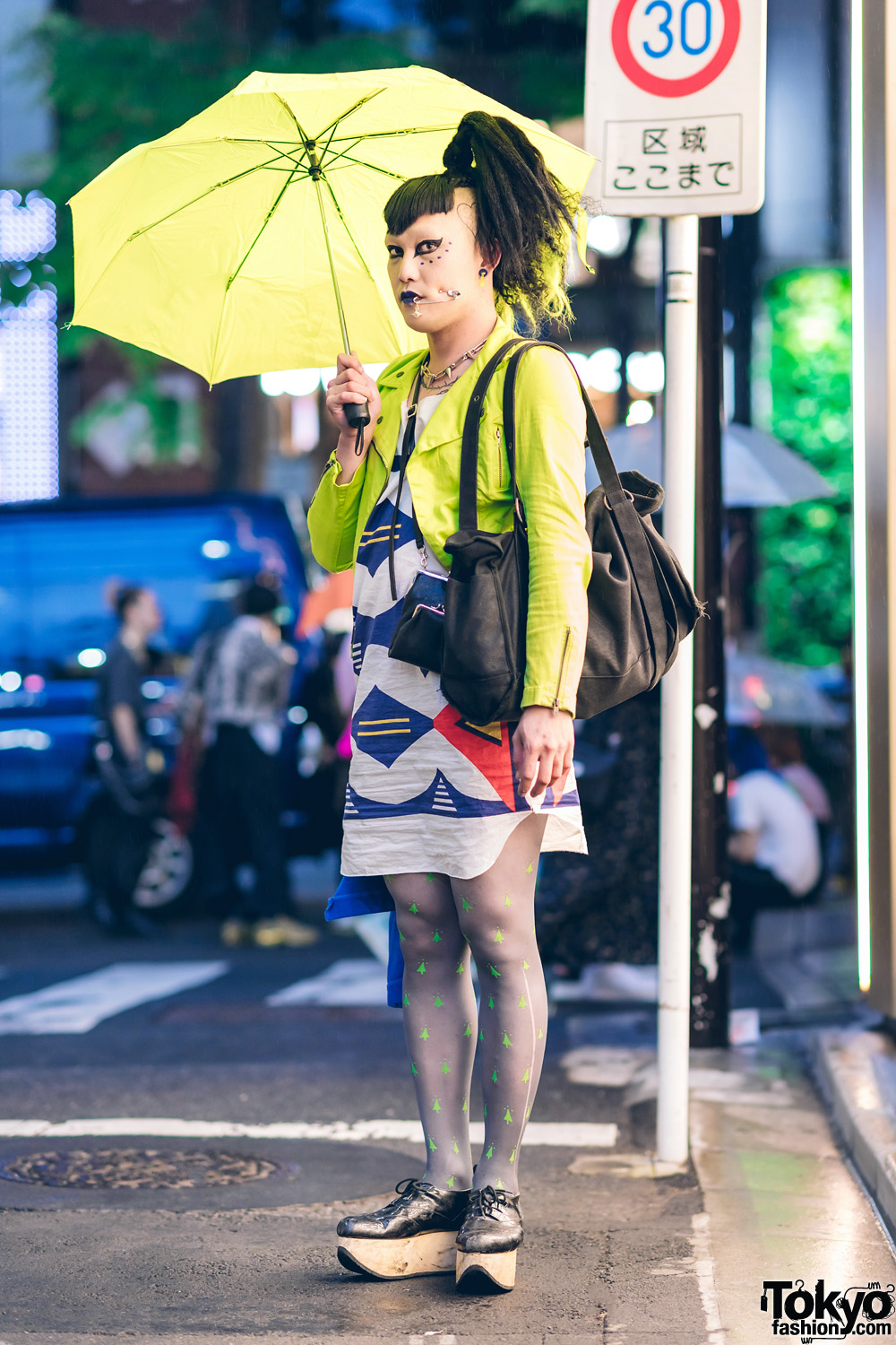 Japanese Vintage Fashion Buyer & Model in Vivienne Westwood Streetwear Style w/ Safety Pin Cheek Piercing, Tripp NYC Cropped Jacket, Printed Tunic Dress, Sheer Stockings & Rocking Horse Shoes