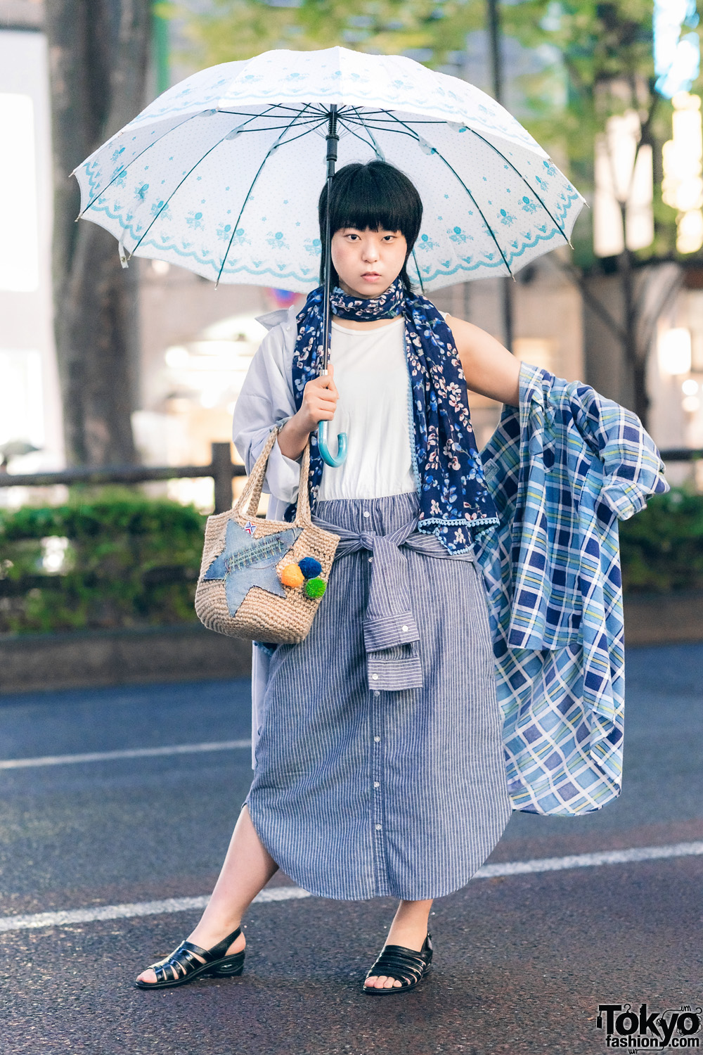 All Blue Remake Streetwear Style w/ Printed Umbrella, Floral Print Scarf, Shirt Dress, Straw Bag & Slingback Sandals