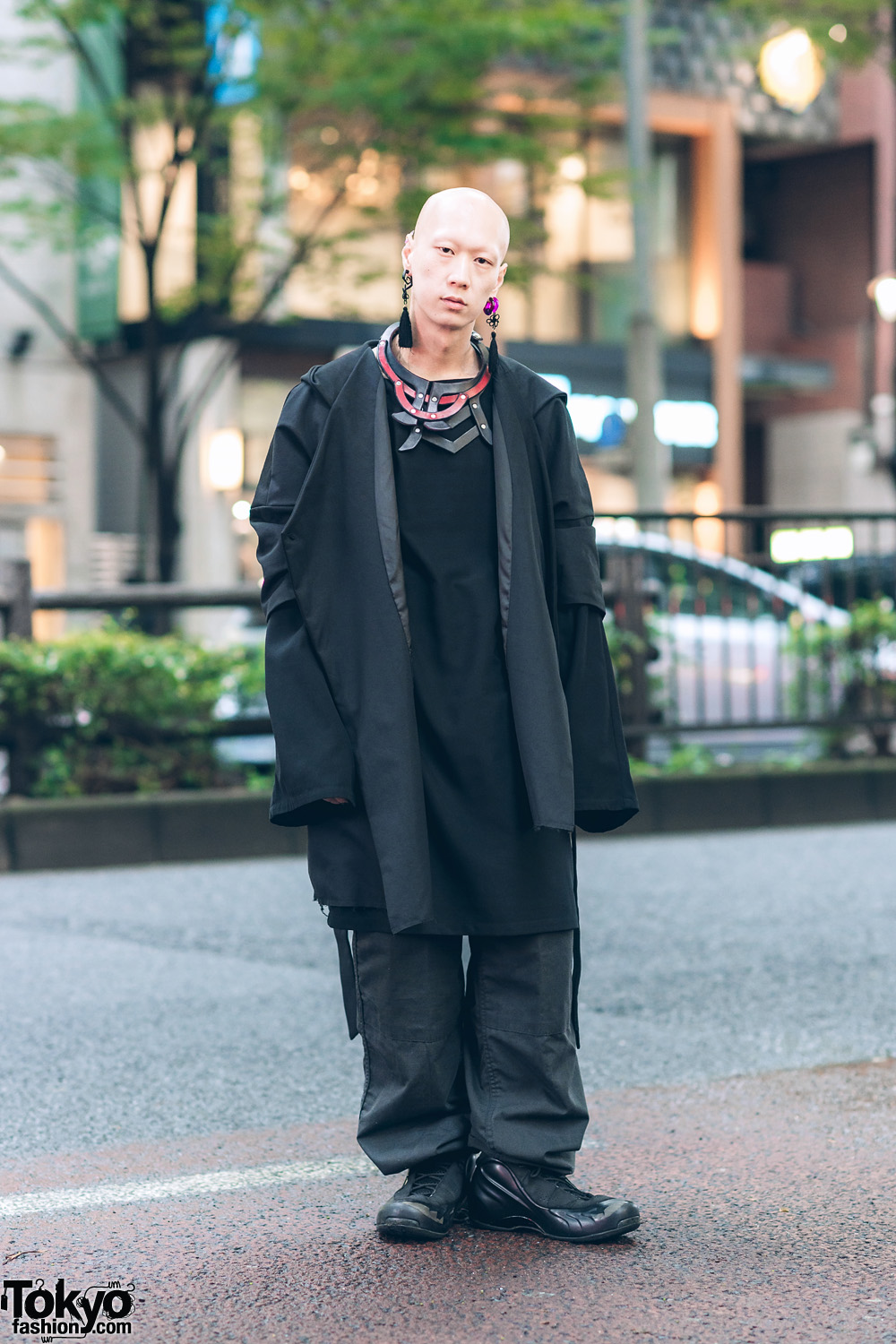 Japanese Musician & Model's All Black Street Style w/ Handmade Leather Bib Necklace, Depression Coat, Yohji Yamamoto, Vintage Pants & Nike Sneakers