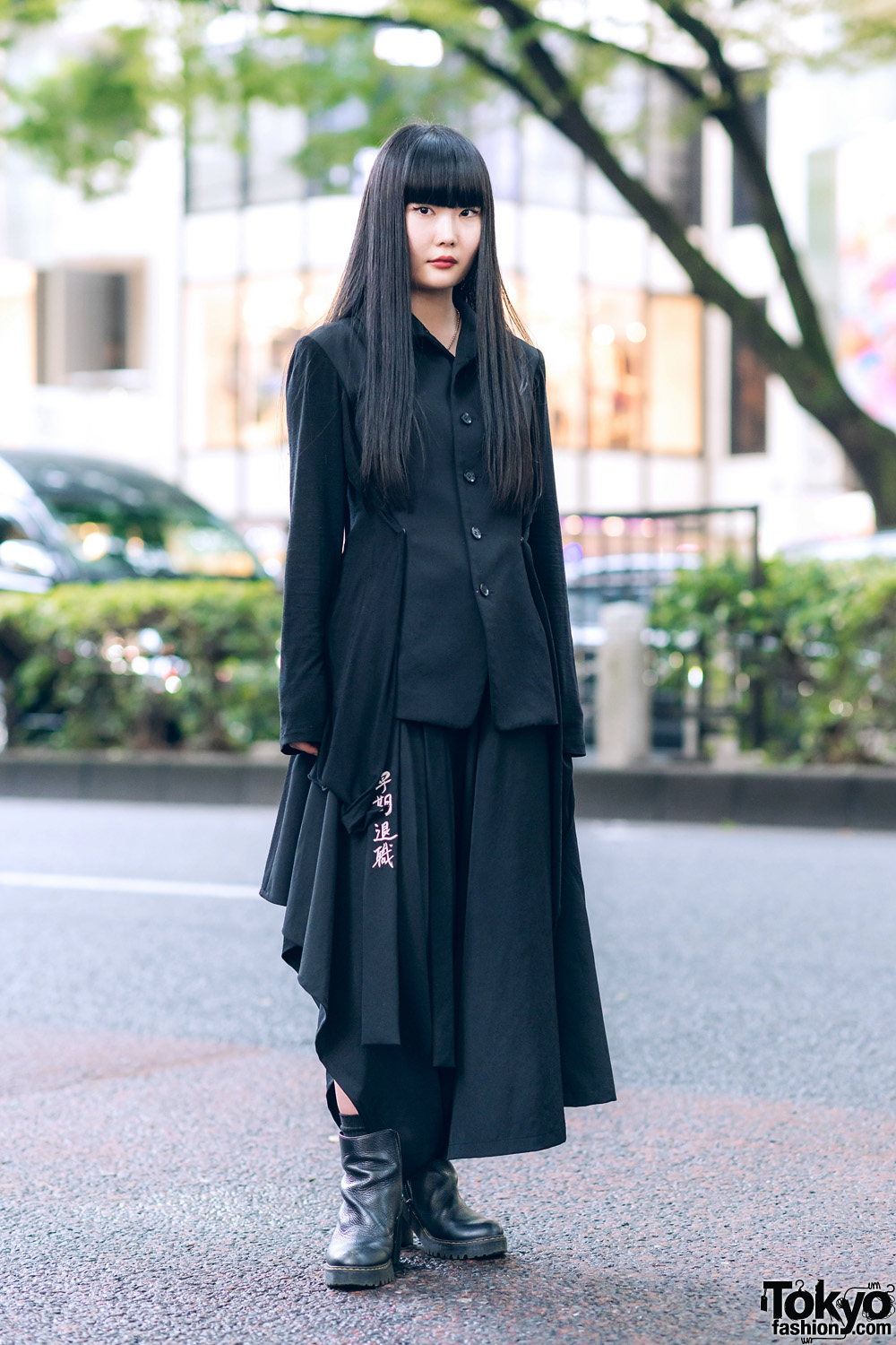 Yohji Yamamoto Minimalist Monochrome Street Style in Tokyo w/ Draped Jacket, Asymmetrical Skirt & Dr. Martens