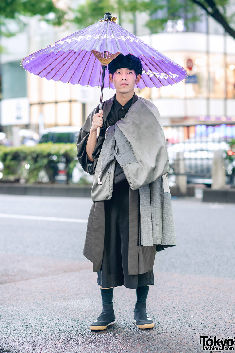 Japanese Kimono Street Style w/ Purple Wagasa, Layered Kimono, Lui's Cropped Jumpsuit & Adidas Sock Shoes
