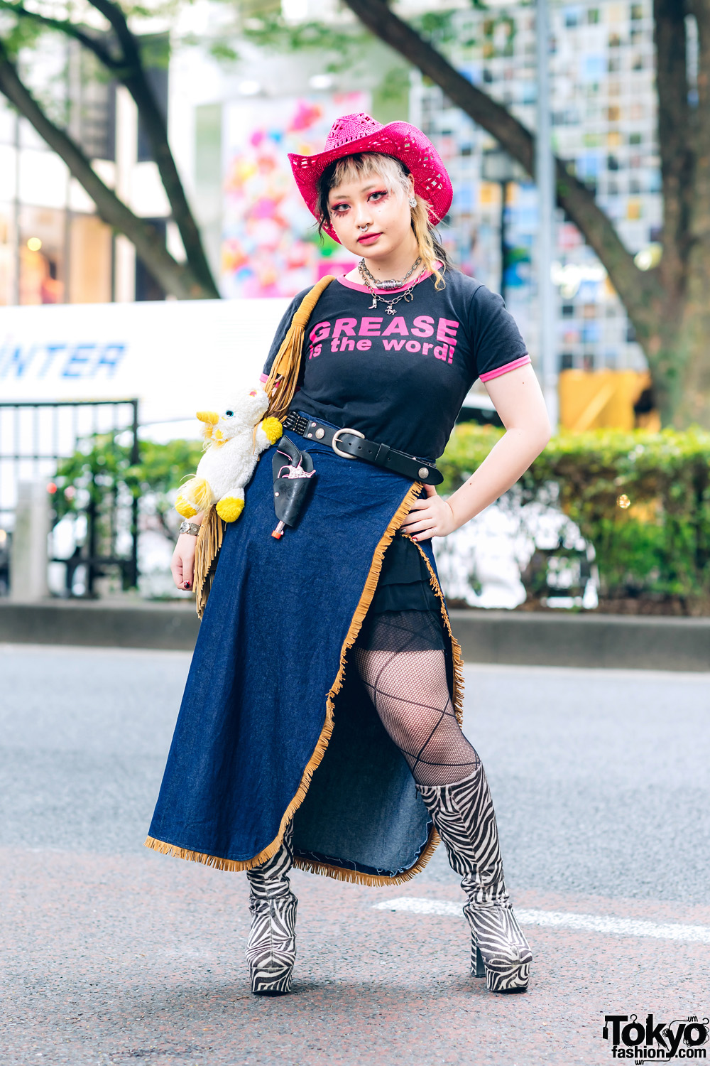 Tokyo Street Fashion w/ Pink Cowboy Hat, Handmade Apron Skirt, Peco Club Necklace & OK Zebra Tall Boots