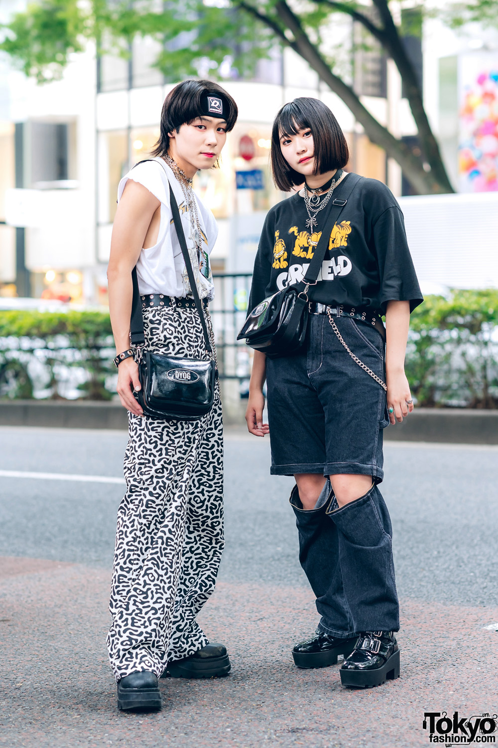 Japanese Teens Street Styles w/ Headband, Metallica Sleeveless Shirt, Leopard Print Pants, Garfield T-Shirt, Roll Deep Cut-Off Pants, DYOG & Demonia