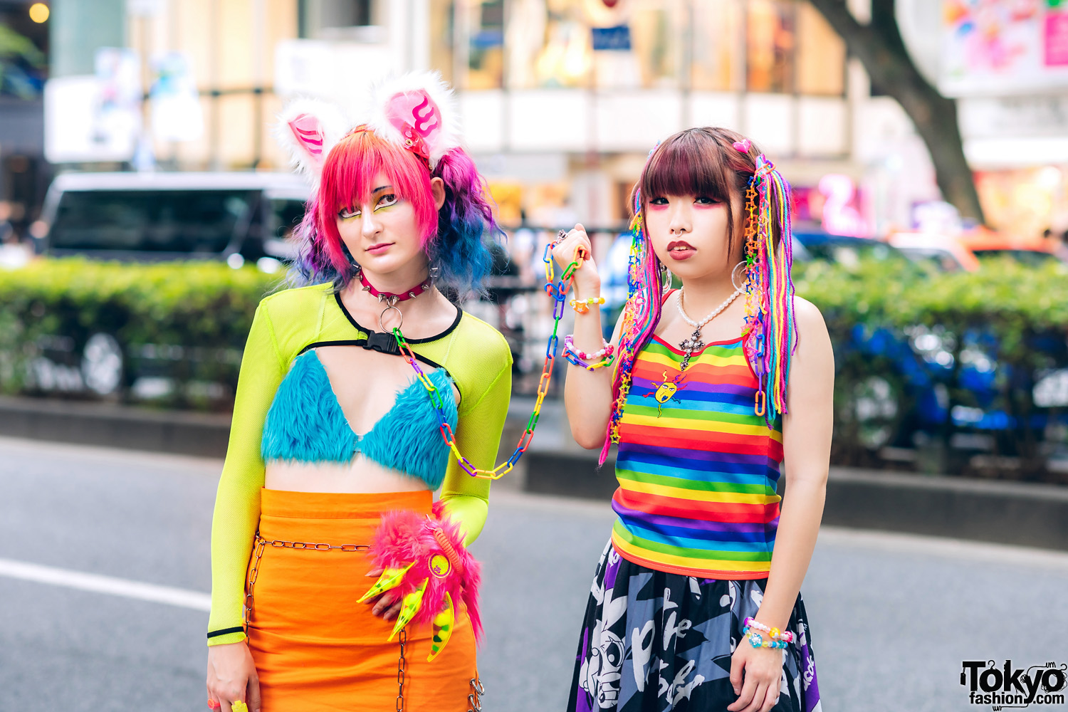 Tokyo Rainbow Streetwear Styles w/ Furry Ears, Rainbow Hair Falls ...