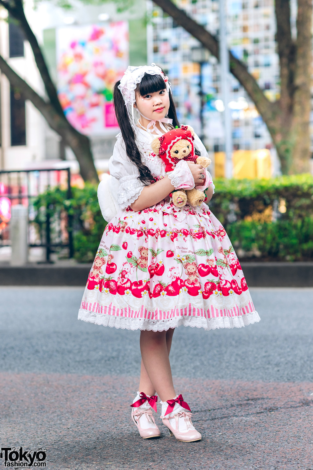 Baby, The Stars Shine Bright Harajuku Lolita Fashion w/ Berry Print Dress, Teddy Bear, Plush Toy Backpack, Ribbons & Pink Heeled Shoes