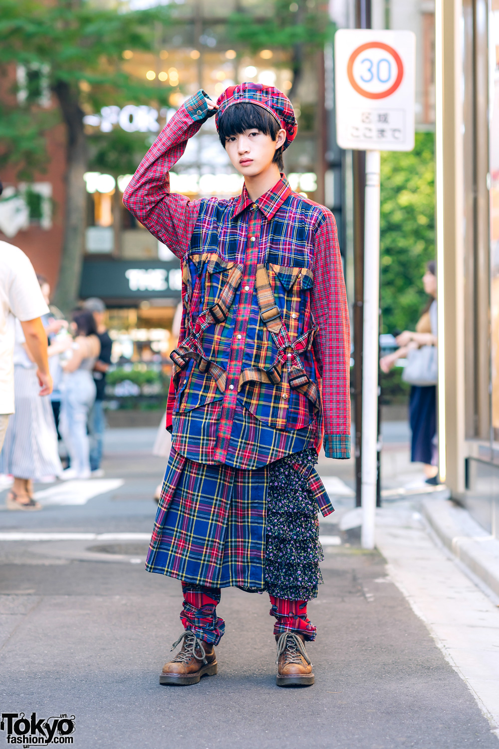 HEIHEI Japan Street Style w/ Plaid Beret, Multi-Plaid Harness Shirt, Skirt Over Pants & Dr. Martens Boots