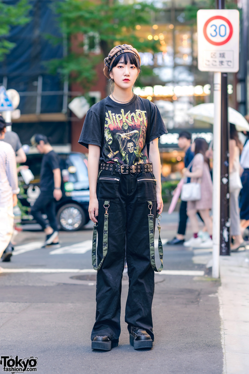 All Black Casual Street Style w/ Plaid Beret, Slipknot Band Tee, Tripp NYC Pants, BPH Backpack & Creepers