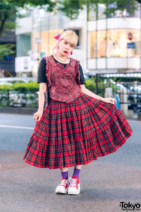 HEIHEI Heart Harness Vest & Plaid Skirt in Harajuku w/ Neon Moon & Tokyo Bopper
