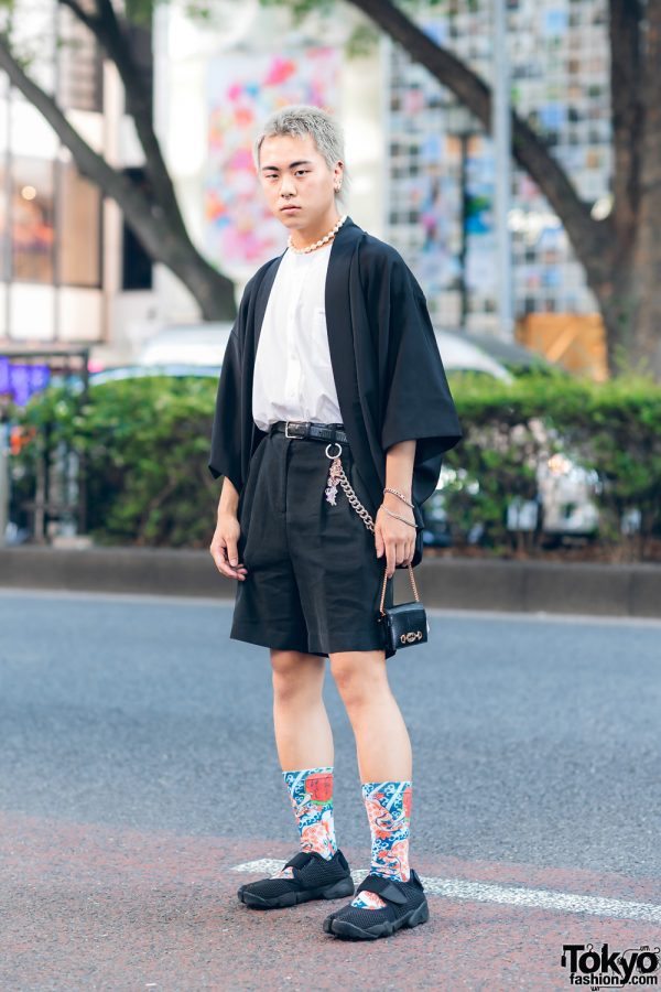 Japanese Monochrome Menswear  w/ Ash Gray Hair, Ivory Bead Necklace, Kimono Jacket, Gucci Chain Purse & Nike Tabi Sneakers