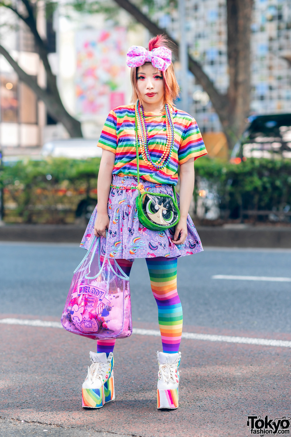Kawaii Rainbow Street Fashion w/ Big Hair Bow, WC Shirt, Unicorn Print Skirt, Powerpuff Girls, 6%DokiDoki, Sanrio Tote & YRU Platforms