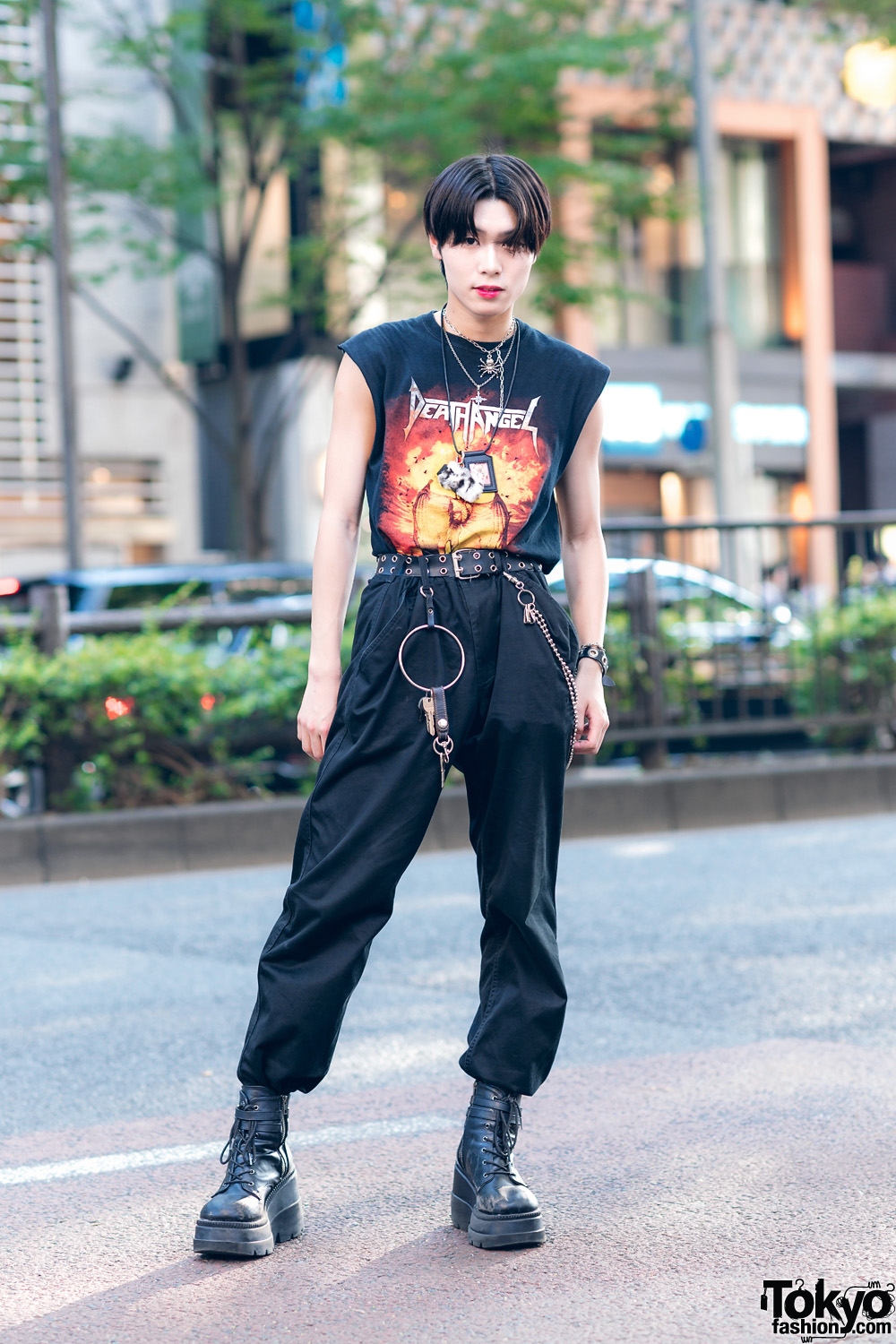 Harajuku Guy in Death Angel T-Shirt, Chain Wallet, Spider Necklace, Demonia & Faith Tokyo