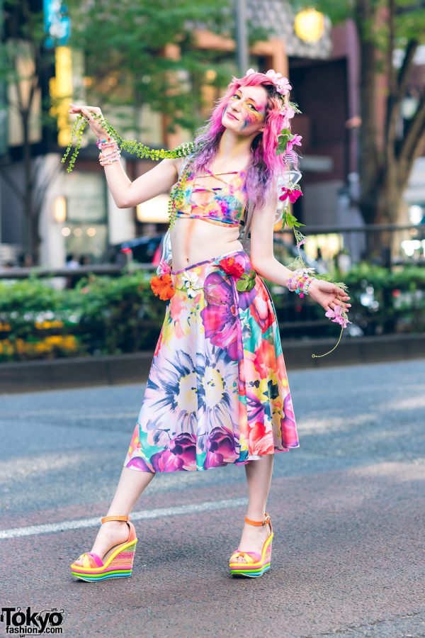 Colorful Floral Style in Harajuku w/ Ombre Hair, Handmade Floral Headpiece, Dolls Kill Bralette Top, Cropped Pants, Winged Backpack & Wedge Sandals