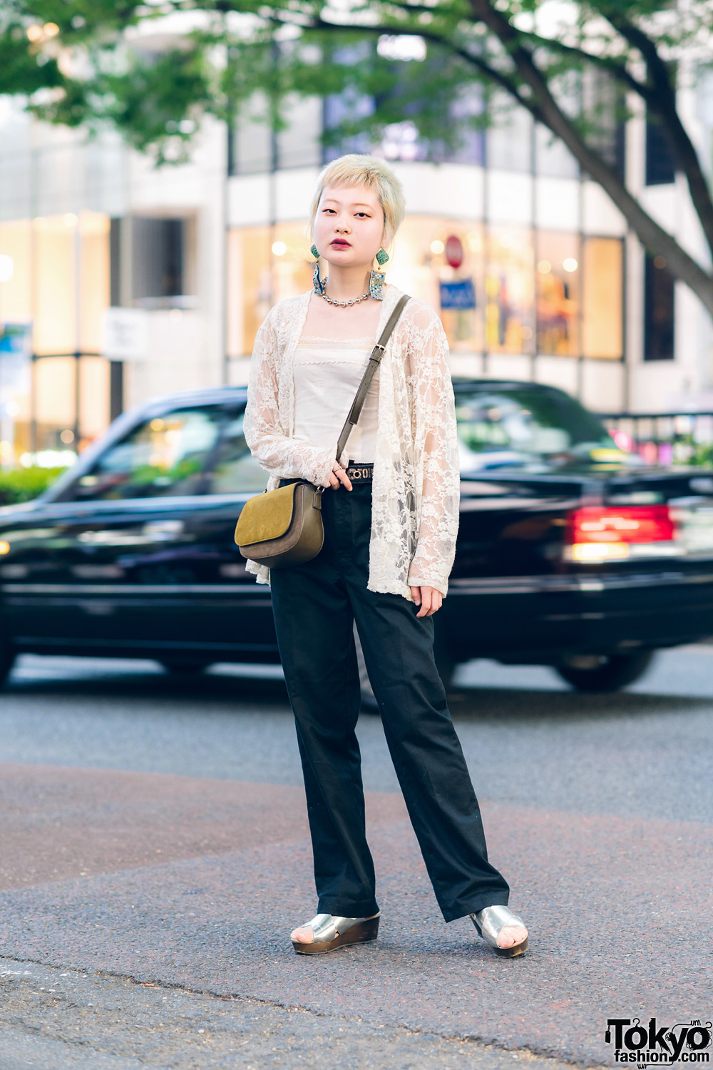 Japanese Model in Tokyo w/ Blonde Hair, New York Joe Sheer Lace Cardigan & Silver Sandals