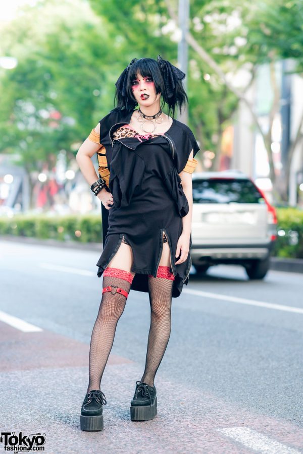 Heiligtum Fashion Designer w/ Two Tone Makeup, Lace Hair Ties, Deconstructed Dress, Fishnets, Leg Harness & Underground Creepers