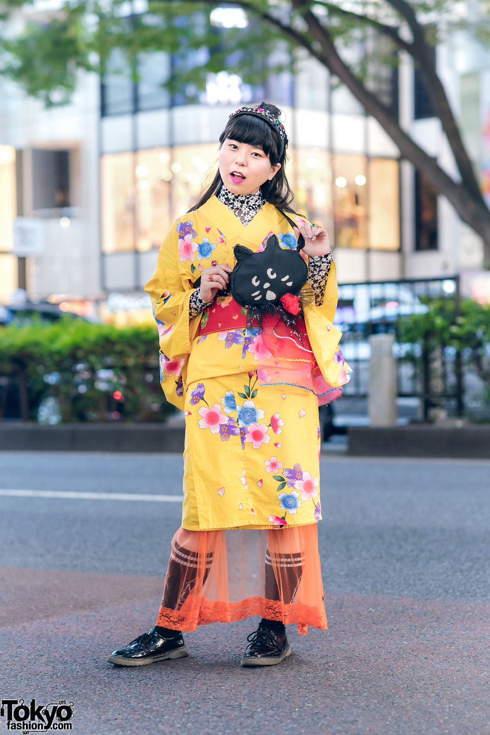 Harajuku Kimono Style w/ Beaded Headband, lilLilly Floral Lace Top, Kinji Sheer Skirt, Cat  Bag & Ne-Net Shoes