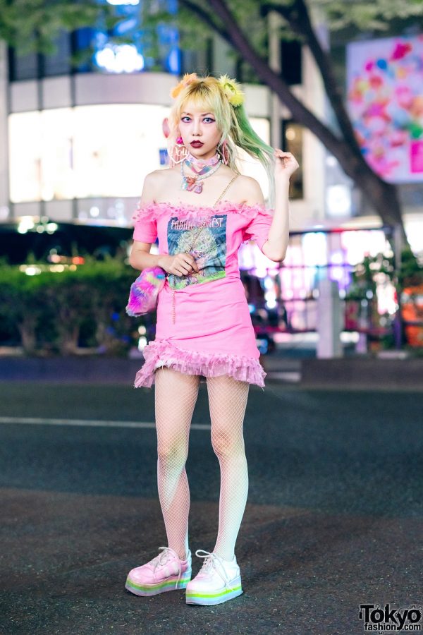 Pink Kawaii Harajuku Street Style w/ Colorful Hair, Vintage/Remake Off-Shoulder Dress, 80s90s00sdolls Accessories, Rainbow Bag & WC Sneakers