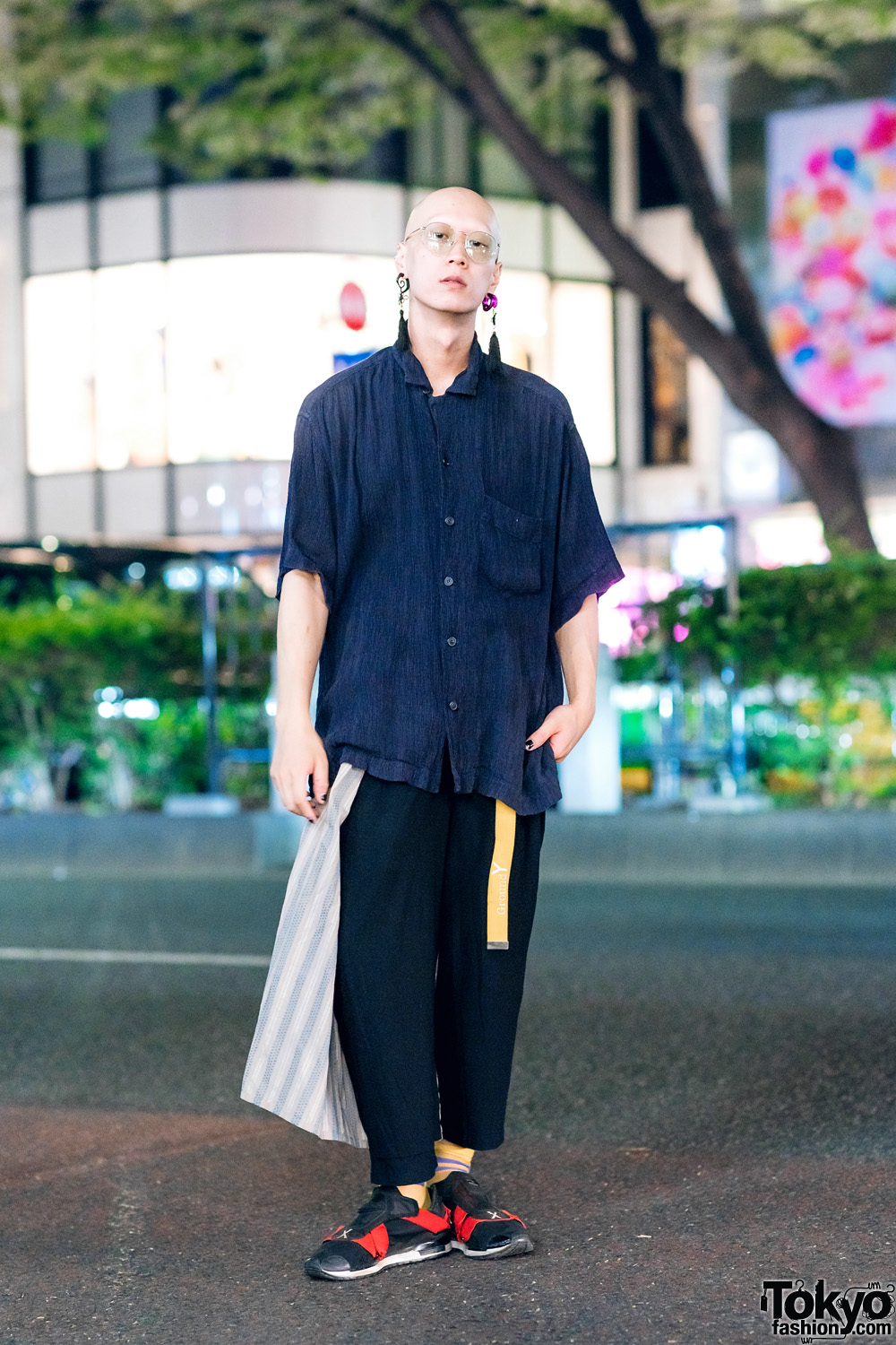 Menswear Style in Harajuku w/ Tassel Earrings, Issey Miyake Ruched Shirt, Yohji Yamamoto Pants, Ground Y Belt & Adidas x Yohji Yamamoto Sneakers