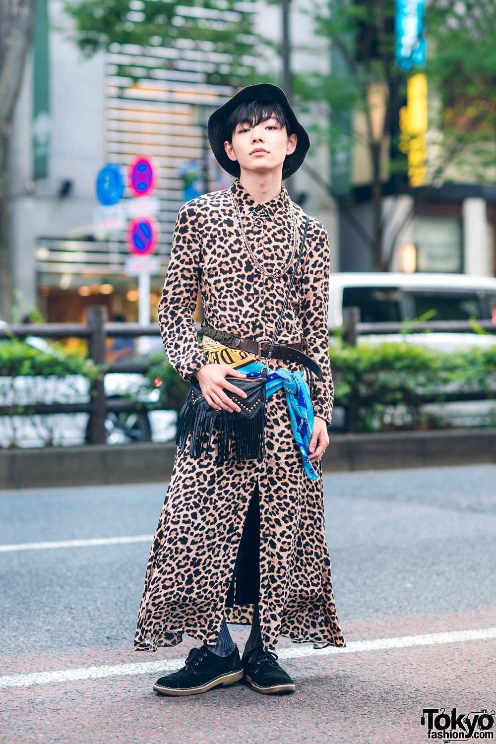 Harajuku Street Style w/ Leopard Print Dress, Fringe Bag, Floppy 