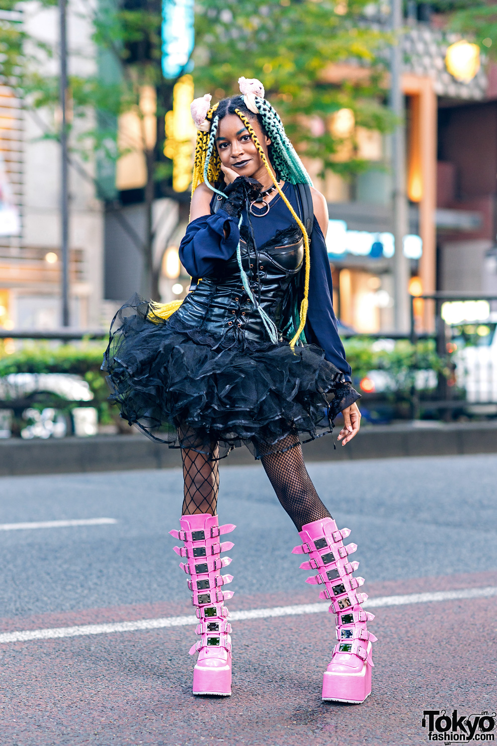Harajuku Street Style w/ ACDC Rag Corset, Tulle Skirt, Tall Pink Demonia Boots & Dolls Kill