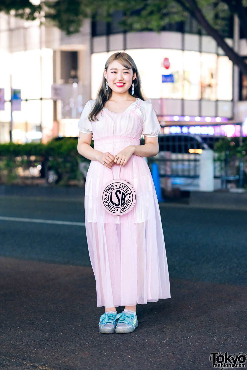 Pastel Street Style in Harajuku w/ Camisole Dress, Tiered Skirt, Little Sunny Bite Round Bag & Puma Sneakers