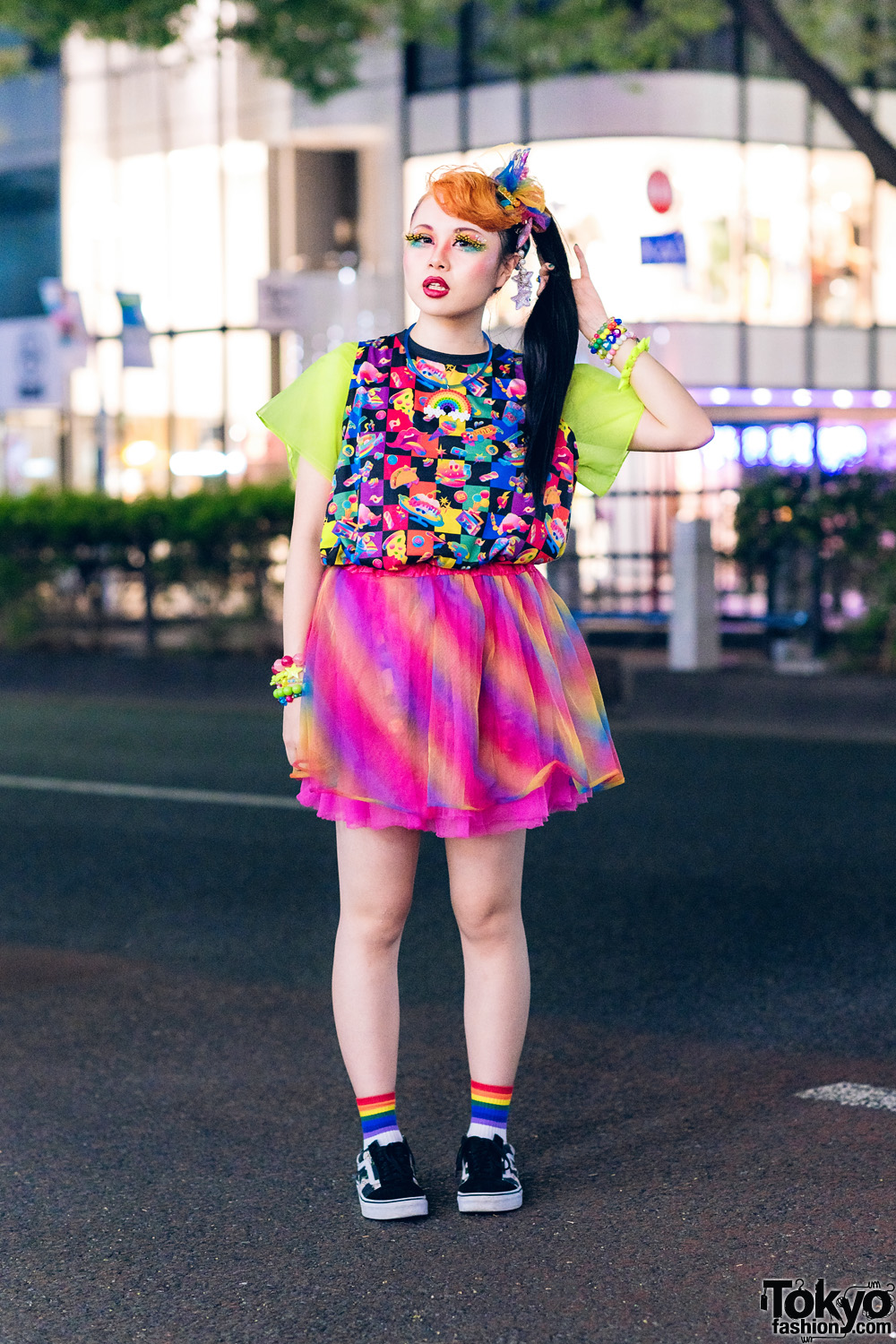 Kawaii w/ Neon Colors Streetwear Style in Harajuku w/ Feather Eyelashes, Blonde Bangs, 6%DokiDoki, Tulle Skirt, Claire's Decora Bracelets & Vans Sneakers