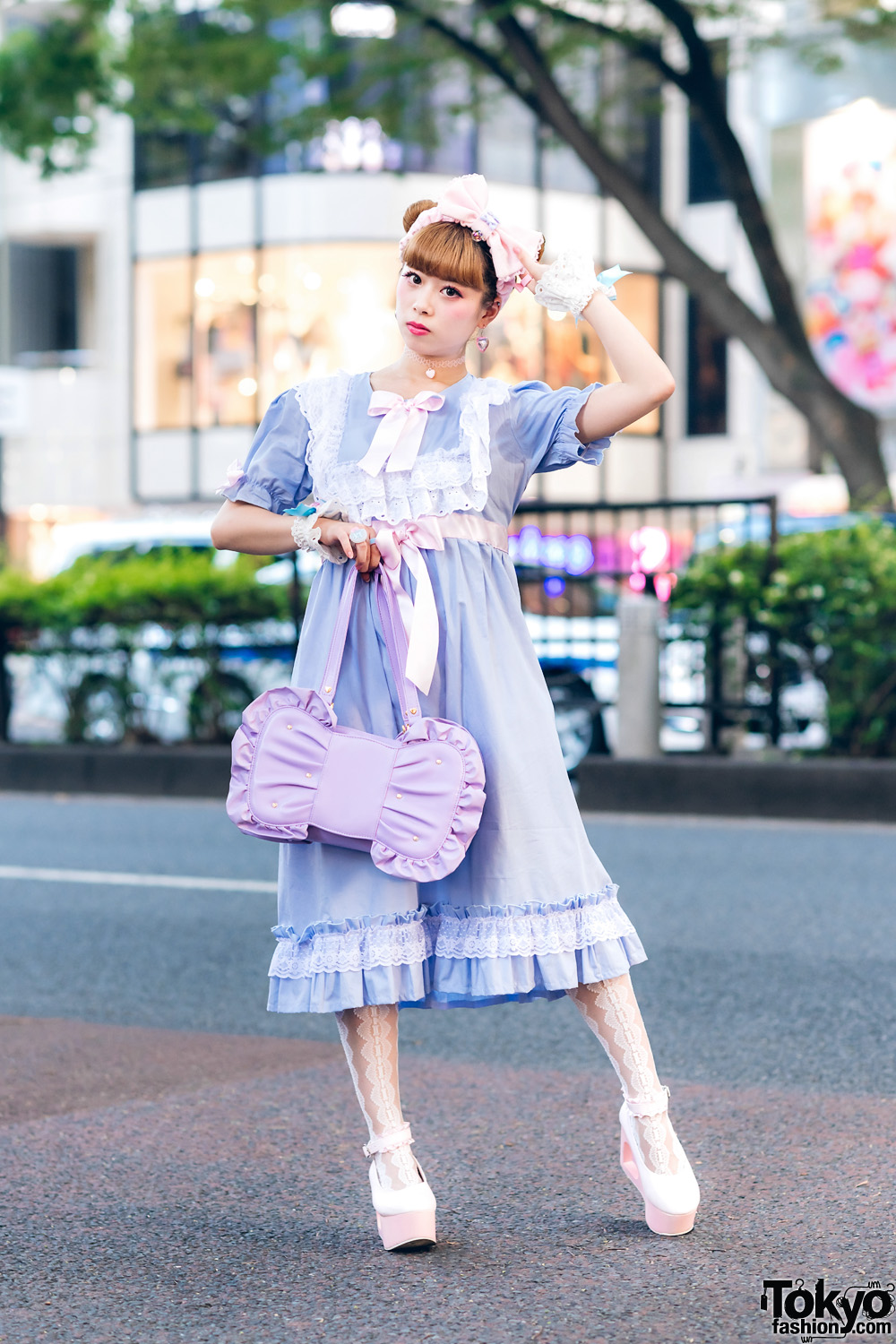 Kawaii Pastel Fashion in Harajuku w/ Twin Buns Hairstyle, Nile Perch Dress, Angelic Pretty Bow Bag & WEGO Platforms