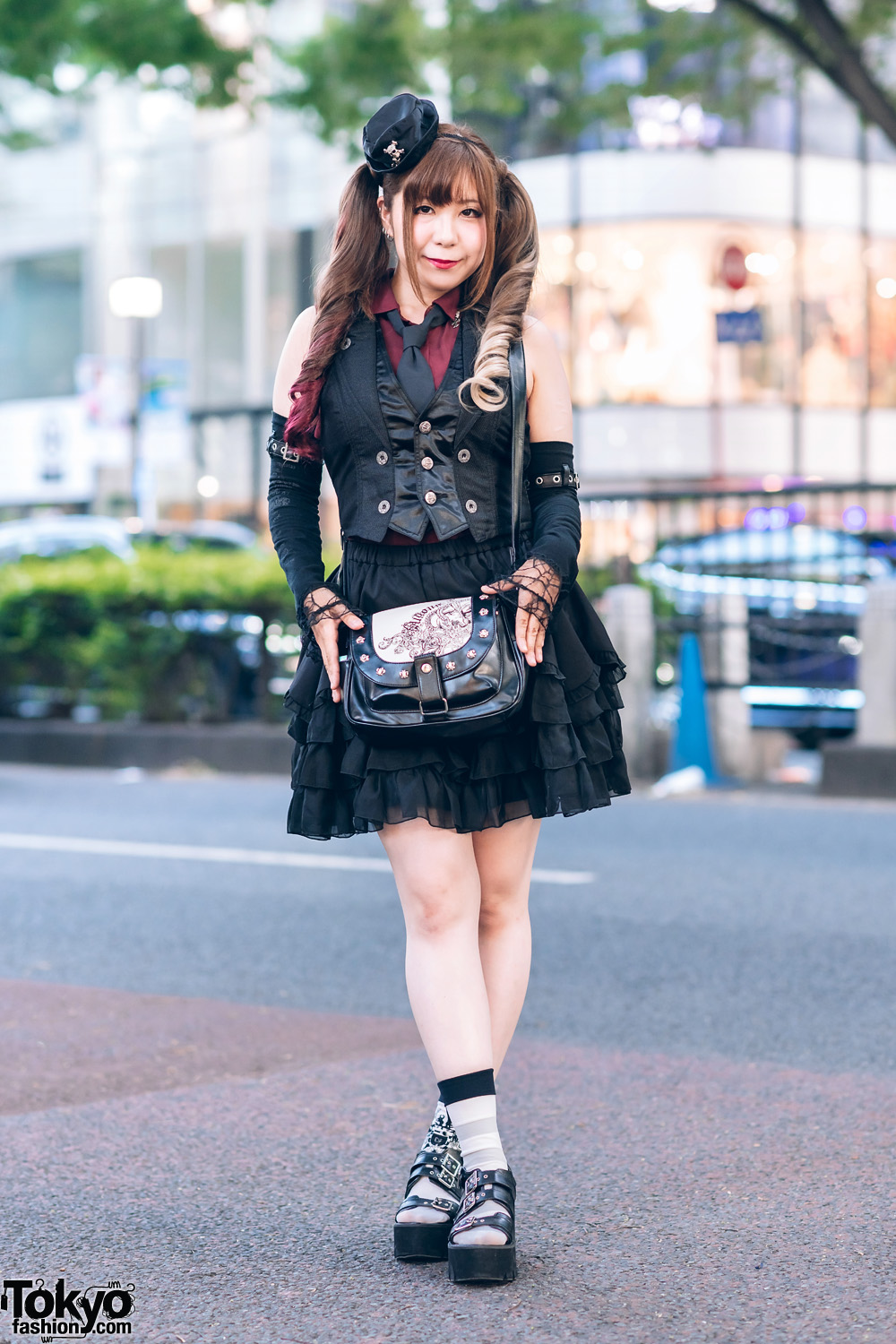 Steampunk Style in Harajuku w/ Hat Hairpiece, Twin Tails, Algonquins Vest, Tiered Skirt, Skull Handbag & Ankle Strap Shoes