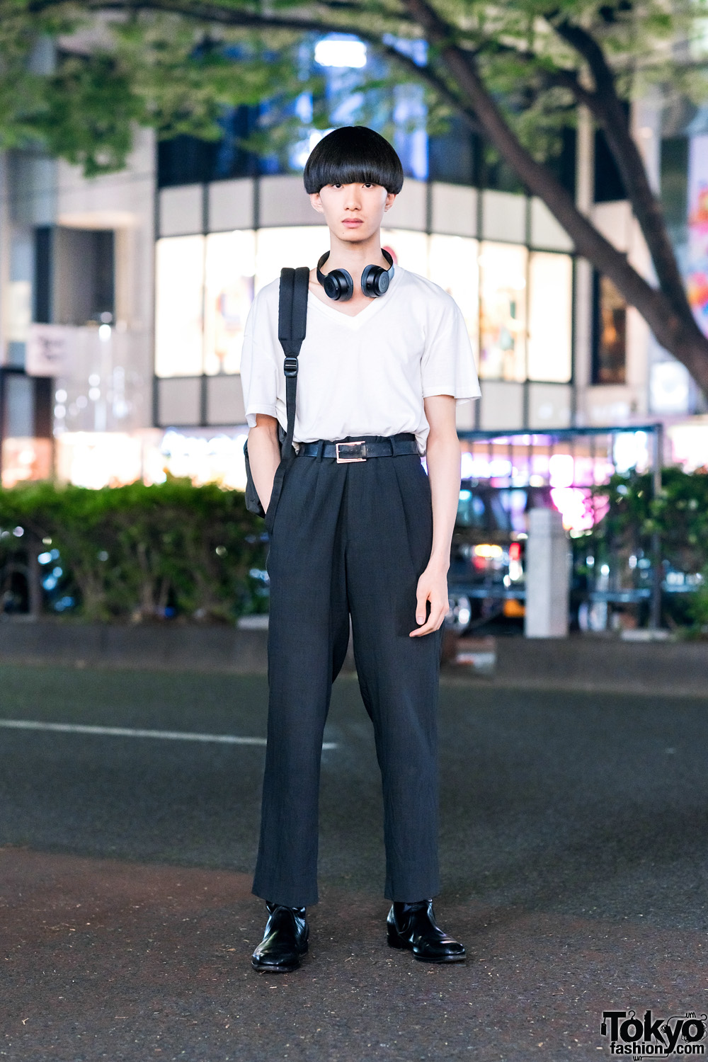 Tokyo Male Model w/ Blunt Bob, Prada Shirt, Hugo Boss Pants, Eastpak, Diesel & Salvatore Ferragamo Boots