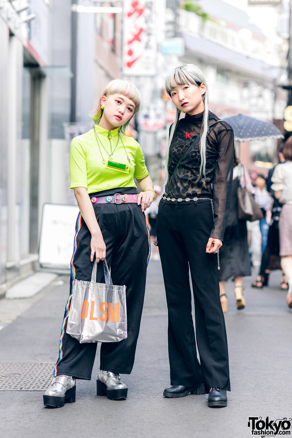 Harajuku Girls Streetwear Styles w/ Neon Hair, LED Necklace, Sheer Blouse, Bottle Cap Belt, DLSM Bag