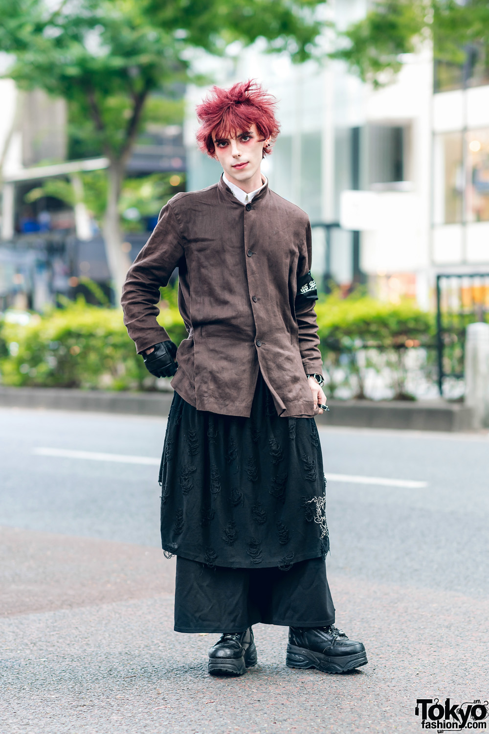 Harajuku Street Style w/ Red Hair, Issey Miyake Collarless Jacket, Comme des Garcons, Putumayo, Killers & Yosuke Platform Sneakers