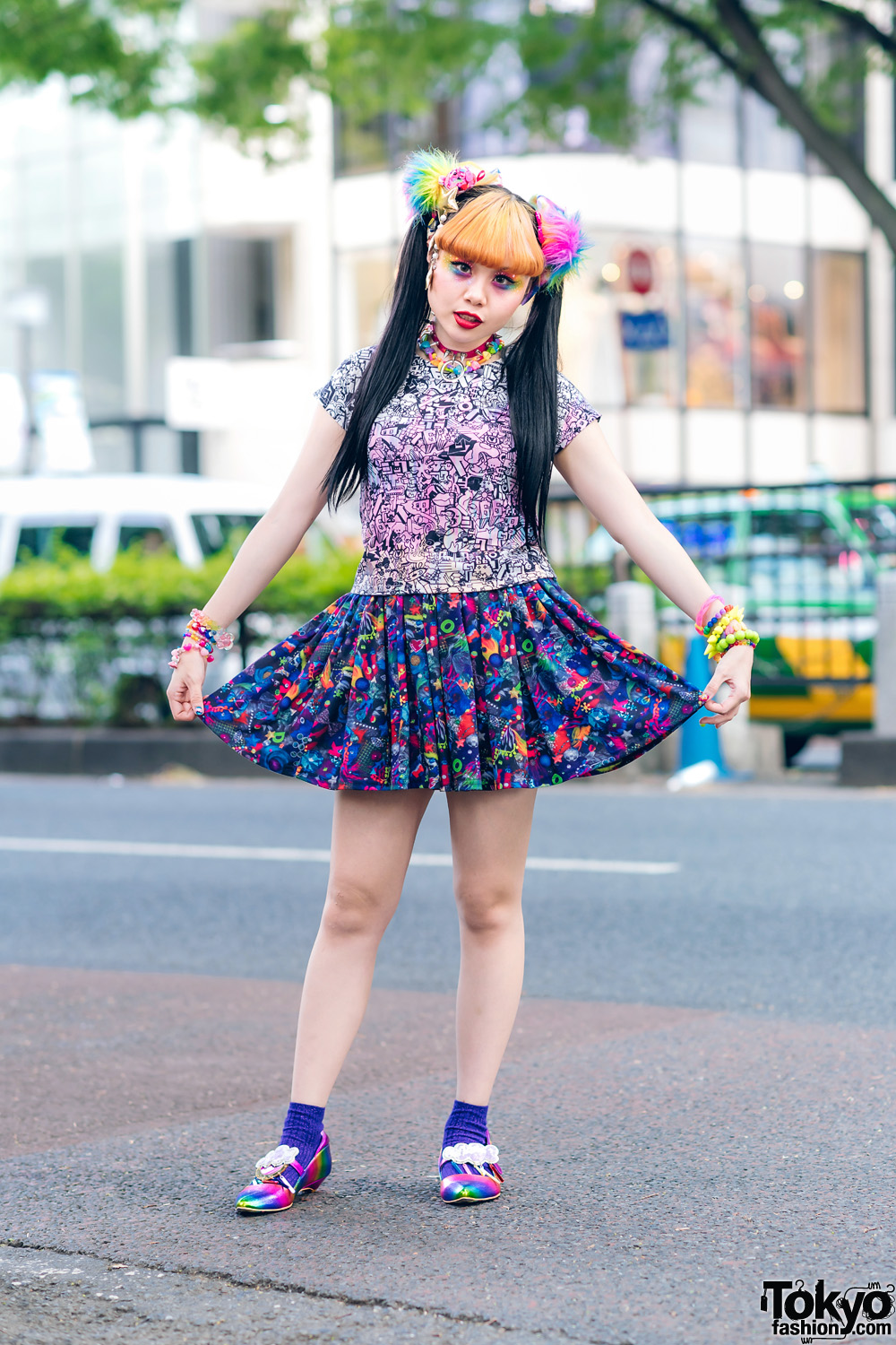 6%DokiDoki Kawaii Staffer w/ Twin Tails & Blonde Bangs, Rainbow Eye Makeup, Graphic Print Top, Kawaii Print Skirt, Claire's & IC Rainbow Shoes