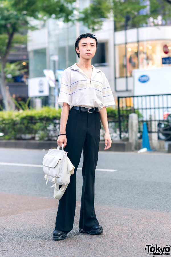 Japanese Rapper & Fashion Designer in Kenzo Collared Shirt, Zara Flared Pants, YakPak Bag & Yosuke USA Sneakers