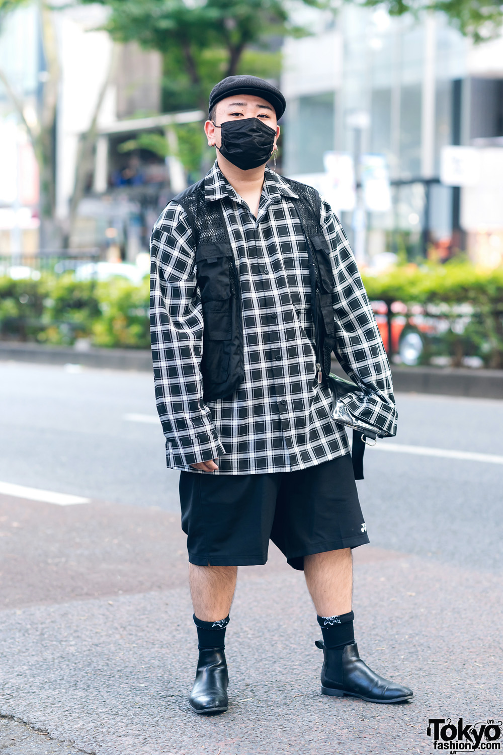 Japanese Rapper w/ Newsboy Cap, Plaid Shirt, Utility Vest, Yonex Shorts, Clear Bag & Zara Chelsea Boots