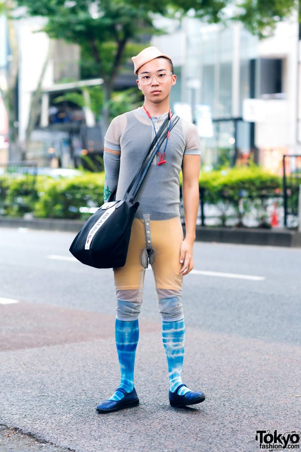 Harajuku Stylist w/ Tan Hat, Marjan Pejoski Sheer Bodysuit, Cycling Shorts, Graphic Print Socks, Longchamp Bag & Office Kiko Shoes