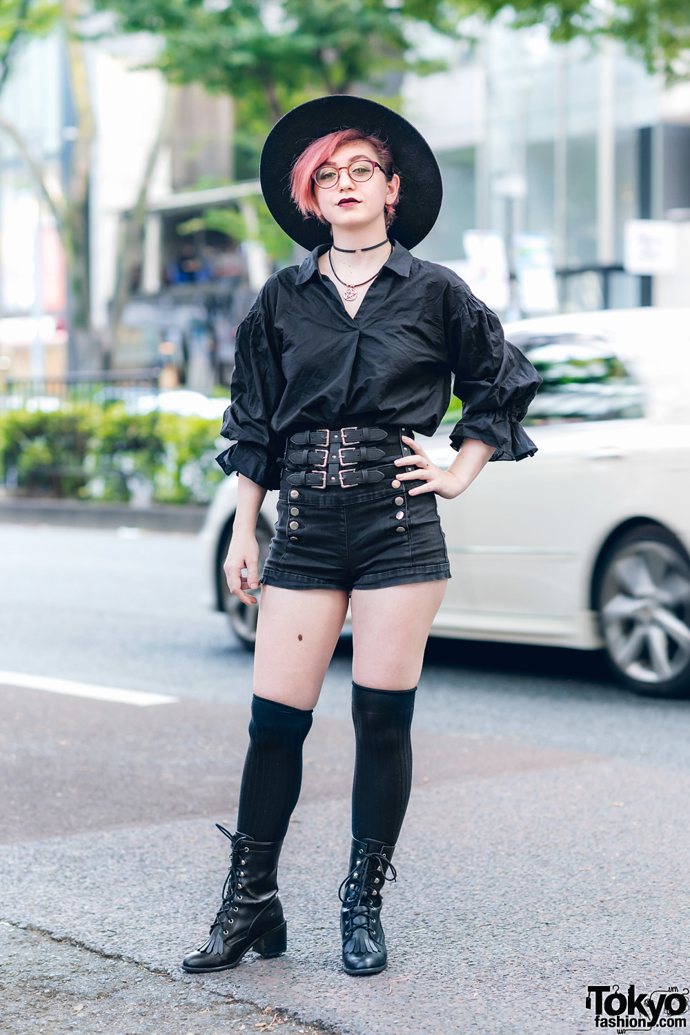 All Black Streetwear Style in Harajuku w/ Red Hair, Del Monico Wide Brim Hat, High-Waisted Shorts, Noble Noir Jewelry & Current Mood Boots