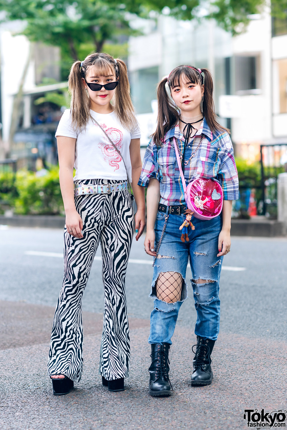 Harajuku Girls  w/ Twin Tails, Bersha Dragon Shirt, (ME) Harajuku Zebra Pants, Ripped Jeans w/ Fishnets, Plaid Shirt, Leather Boots & Enver Platforms