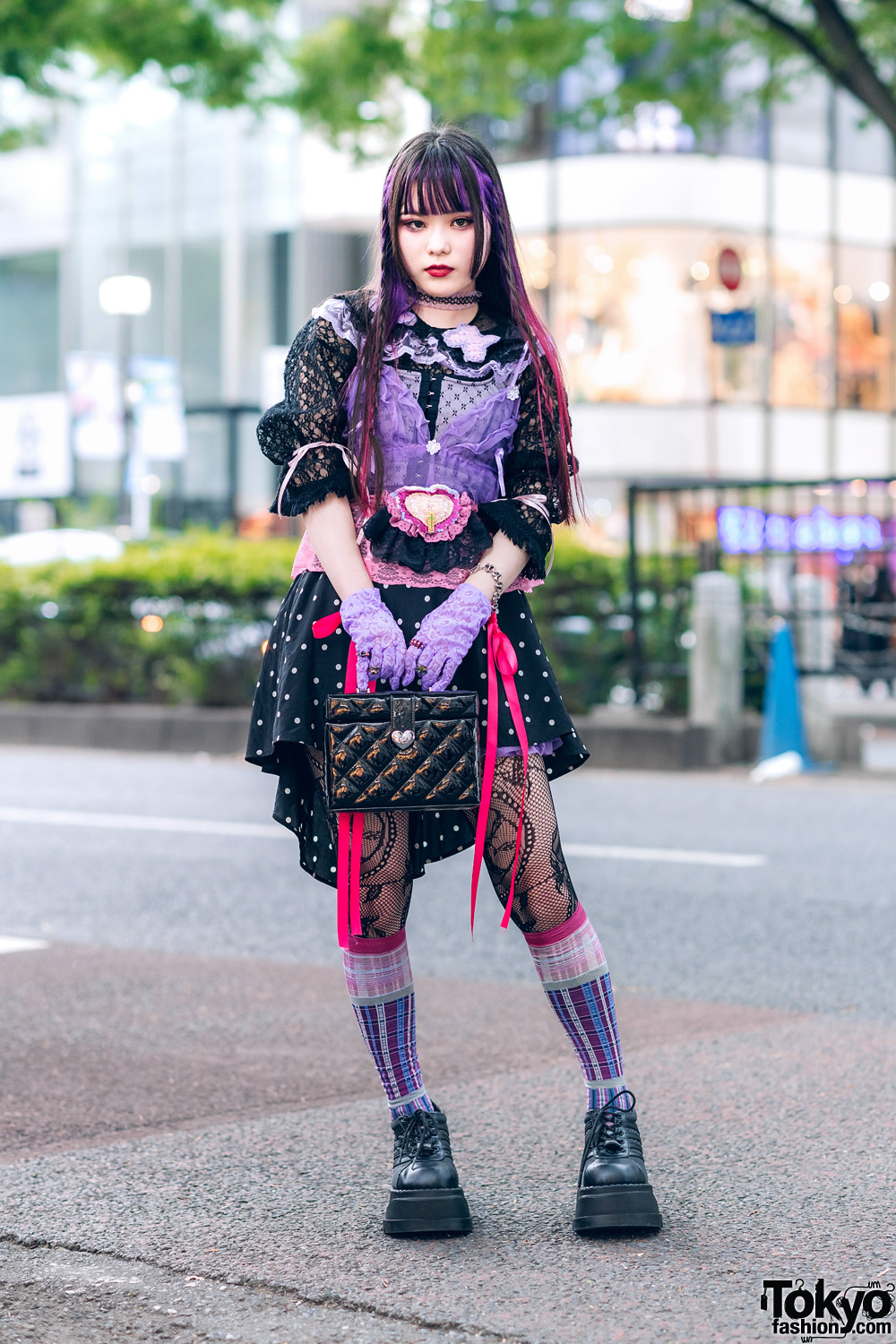 Harajuku Streetwear Style w/ Purple Hair, Lace Gloves, Vintage Polka Dot Skirt, Vivienne Westwood & Demonia Platforms