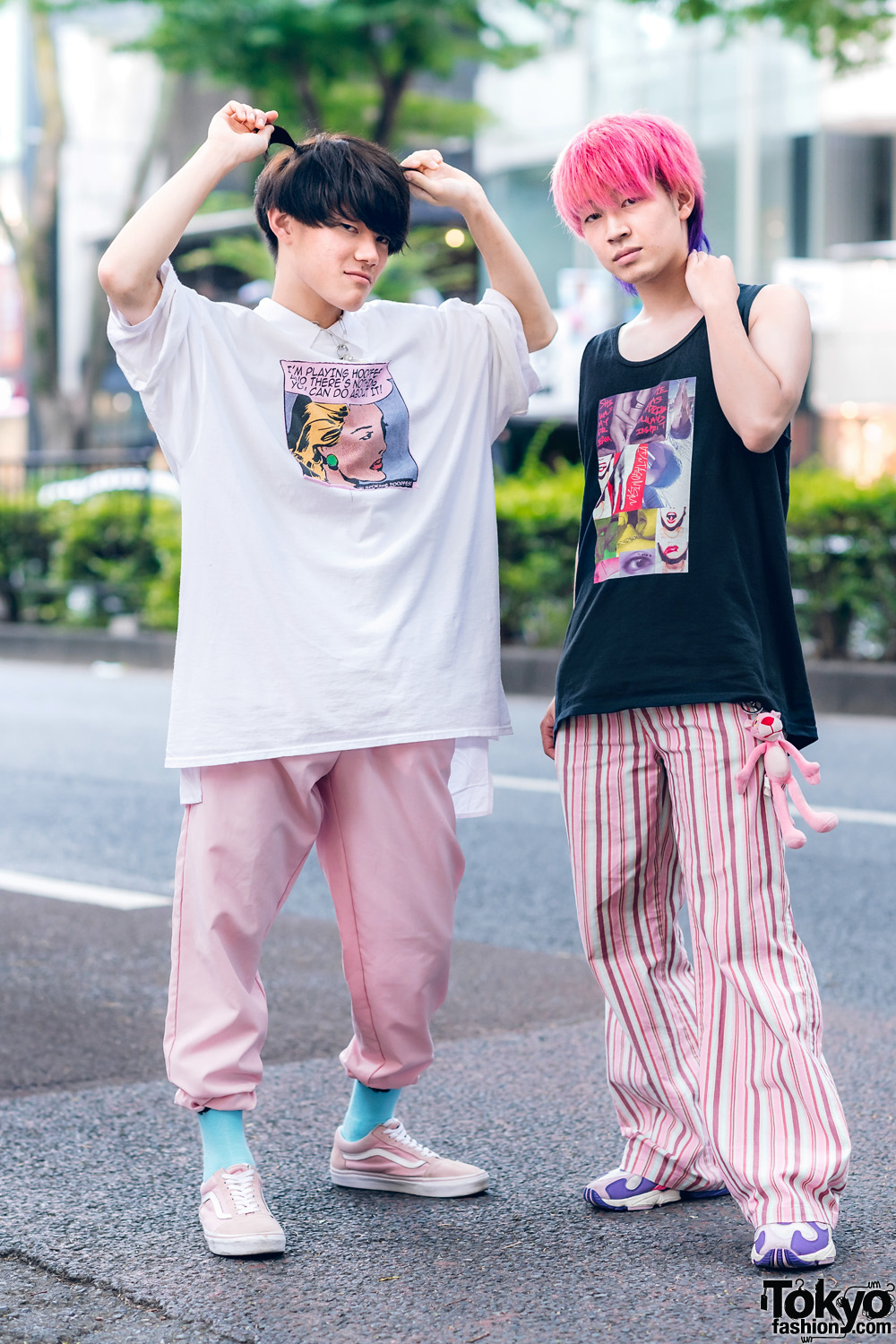 Tokyo Guys Pink Styles w/ Champion Comic Strip Shirt, Kobinai Graphic Top, Parachute Pants, Pink Panther Keychain, Vans & Adidas