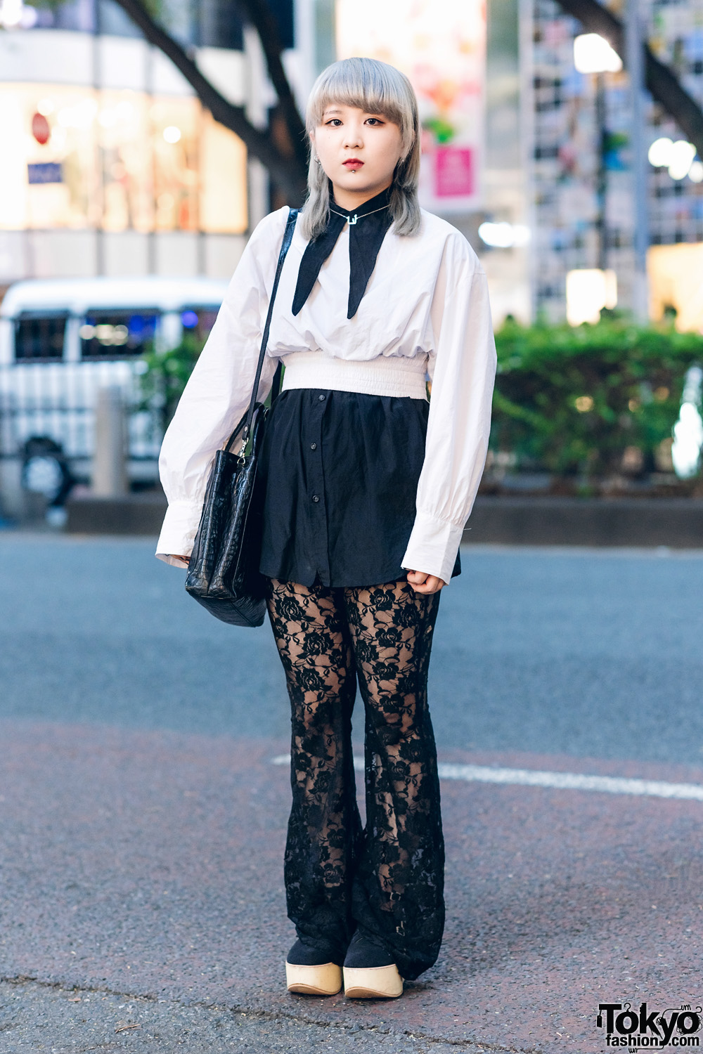 Harajuku Street Style w/ Floral Lace Pants, Gray Hair, Tokyo Bopper Platform Shoes, Zara, Faith Tokyo, Hand-Me-Down & Vintage Fashion