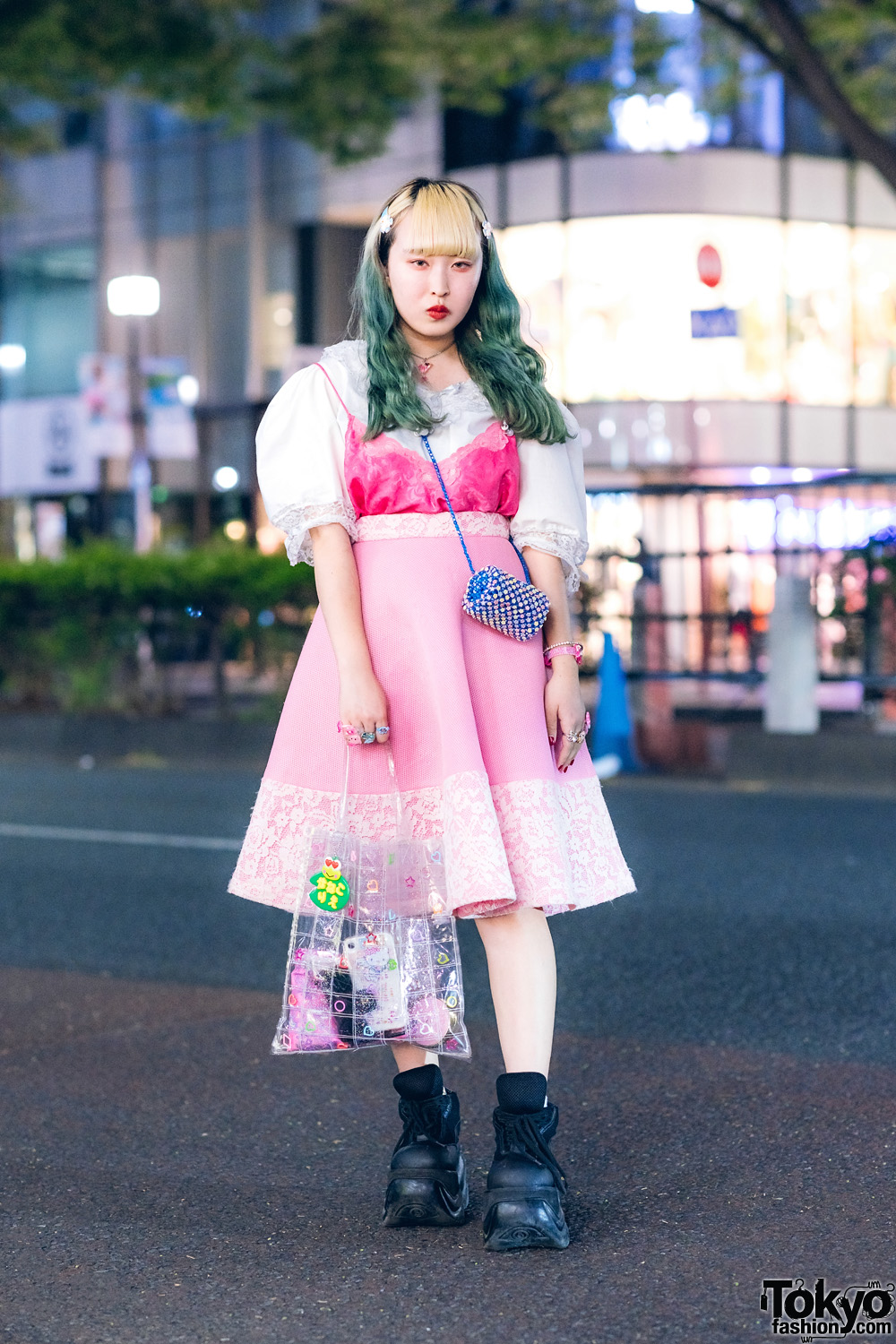 Harajuku Girl w/ White Lace Top, Pink Dress, Demonia Sneakers, New York Joe & Handmade Bag