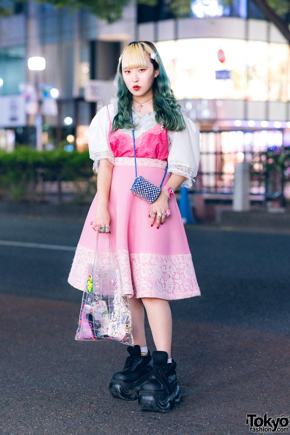 Harajuku Girl w/ White Lace Top, Pink Dress, Demonia Sneakers, New York ...
