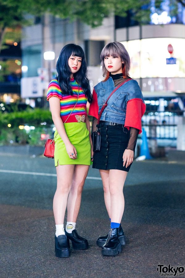 Tokyo Beauty School Students in Rainbow Top, Denim Vest, Mini Skirts, Platform Boots, Volcan & Aphrodite, UNIF & (Me)