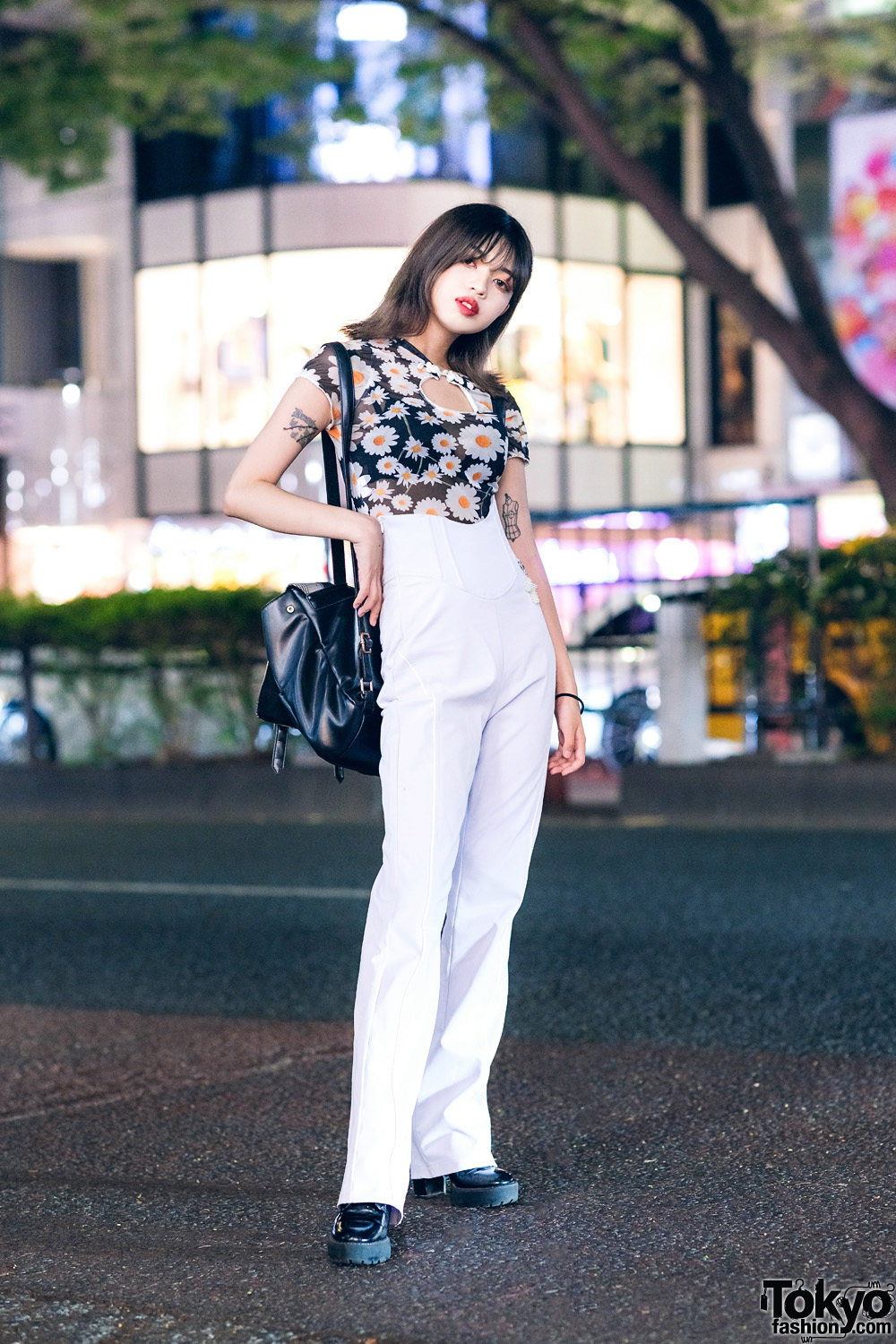 Japanese Designer in Chic Harajuku Street Style w/ Daisy Print Top, Nodress White Pants, Tattoos & Platform Boots