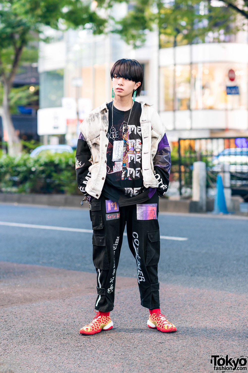 Cote Mer Graphic Streetwear Style w/ Kanji Earrings, Patchwork Denim Vest, Multi-Pocket Pants & Adidas Sneakers